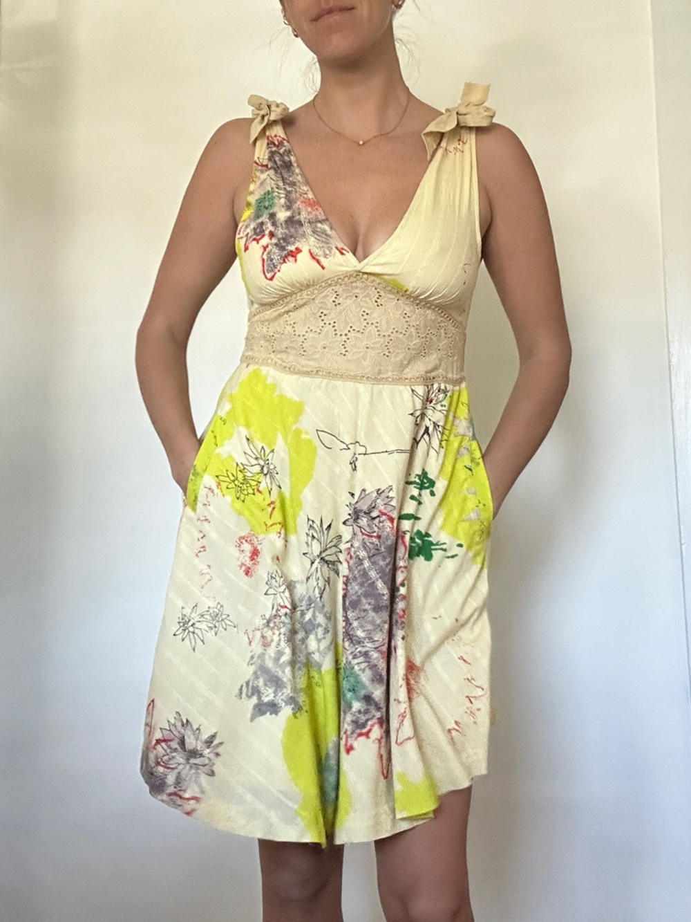 Free People Cream Dress with Multicolor Floral Accents